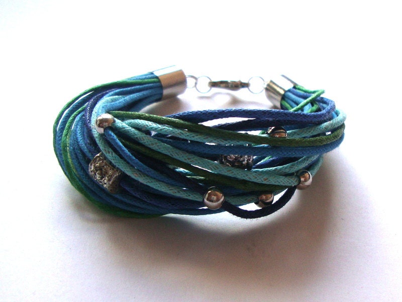 Blue and green bracelet / summer bracelet /  beaded bracelet / waxed cotton cord bracelet
