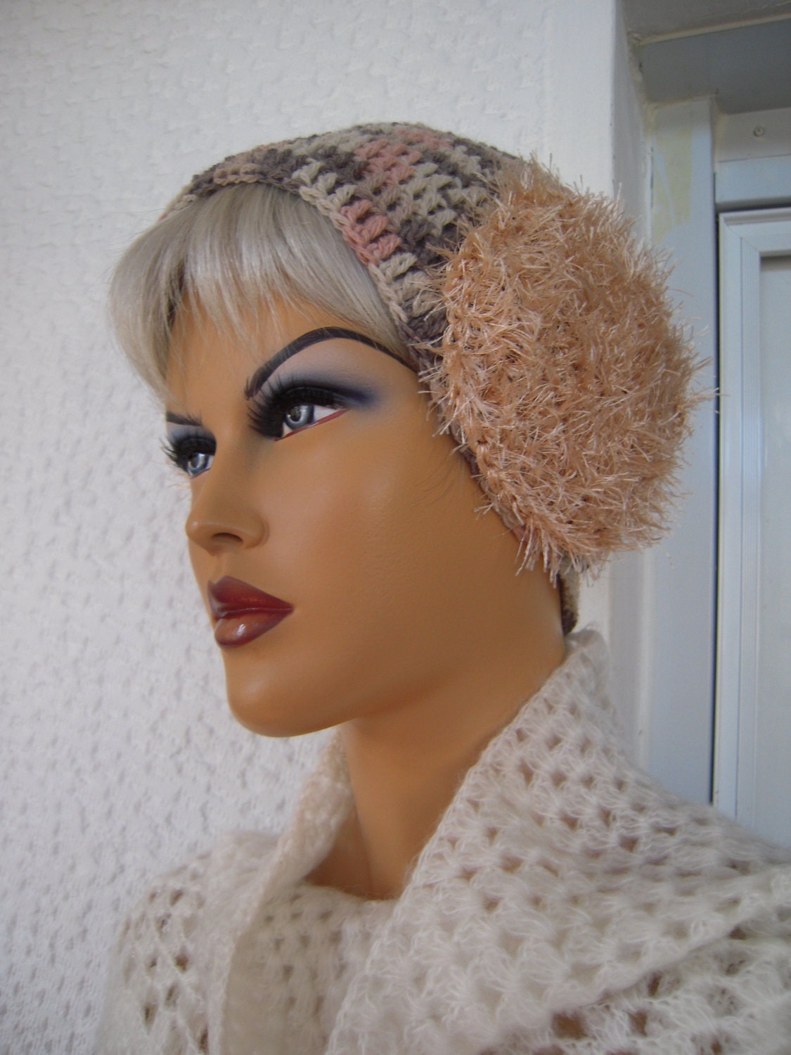 crochet handmade earwarmer/headband in shades of beige by golden yarn