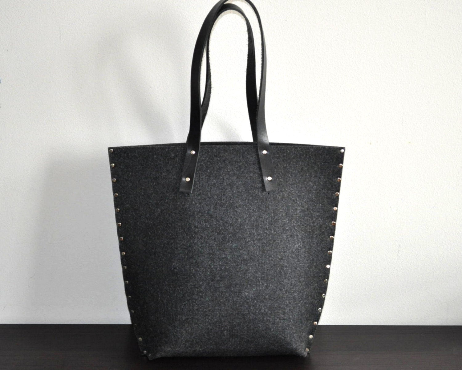 Tote bag urban bag book bag men women rivets bag black synthetic felt with leather straps