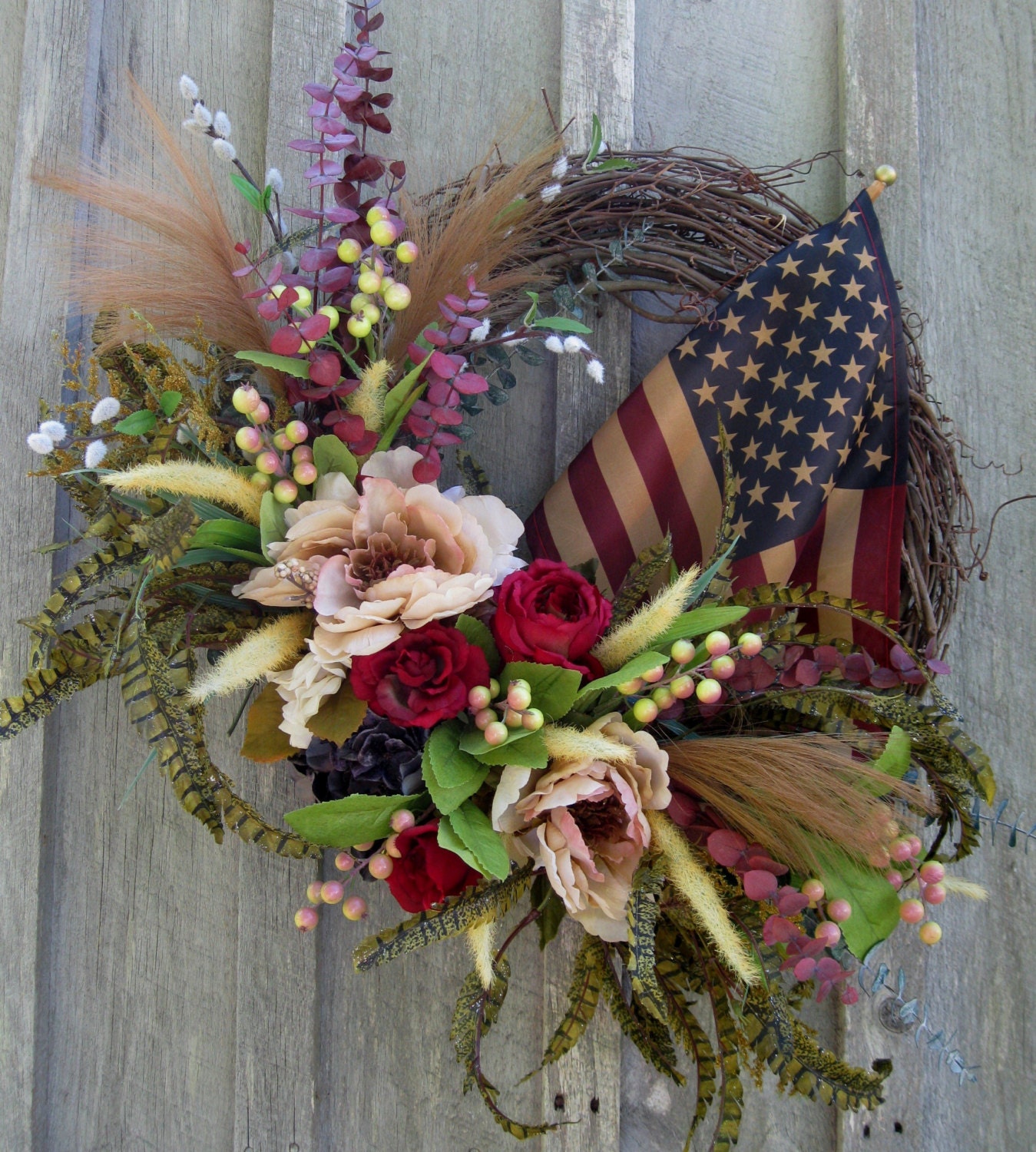 Americana Wreath, Patriotic, Fourth of July Wreath, Floral, Woodland, Tea Stained Flag