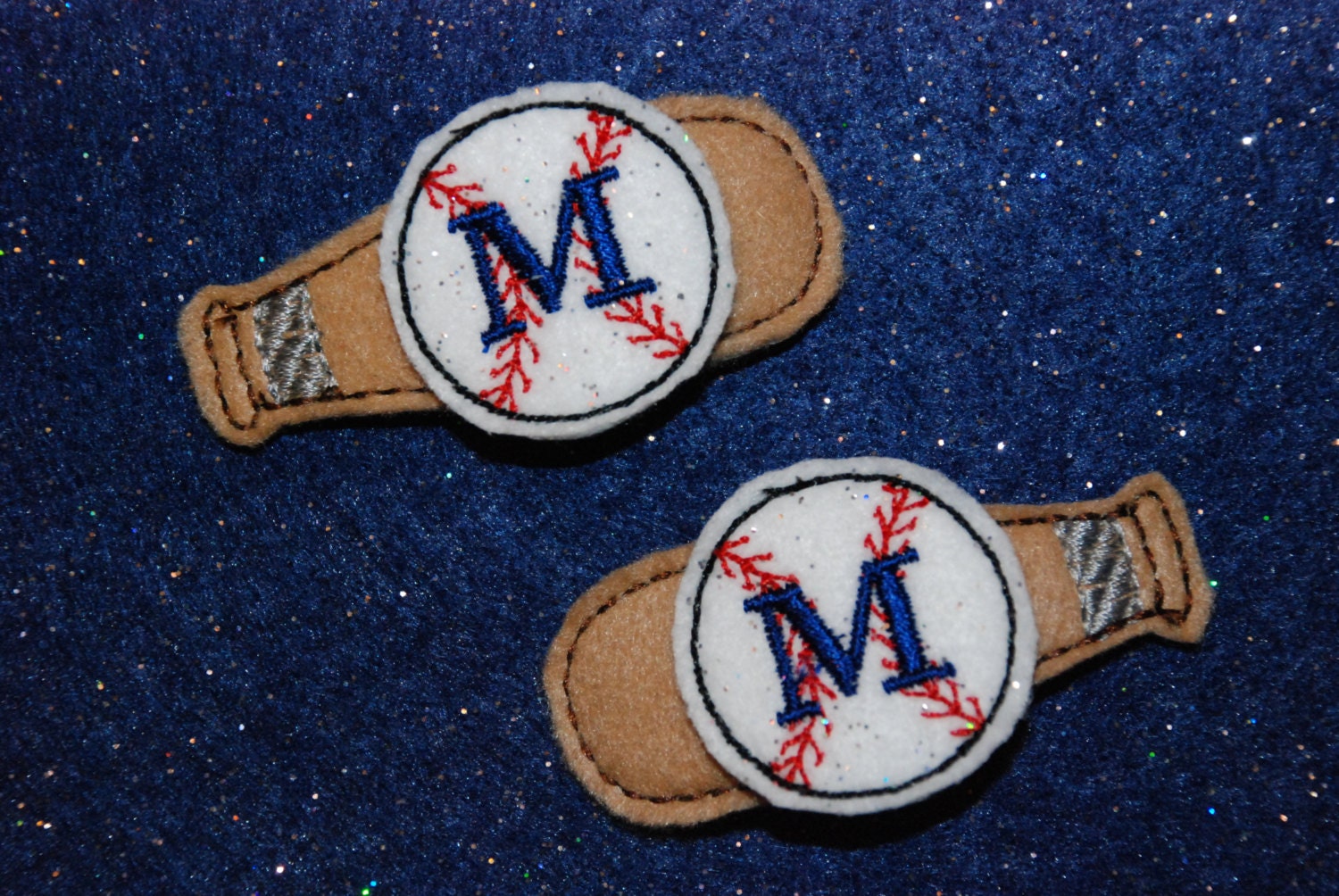 SET of Personalized Felt Baseball and Bat Machine Embroidered Hair Bow Clip