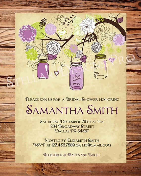 Vintage Mason Jars Invitation, Vintage Bridal Shower Invitation, Wedding Shower,  Mason Jars, Branches, Turquoise, Brown (6121)