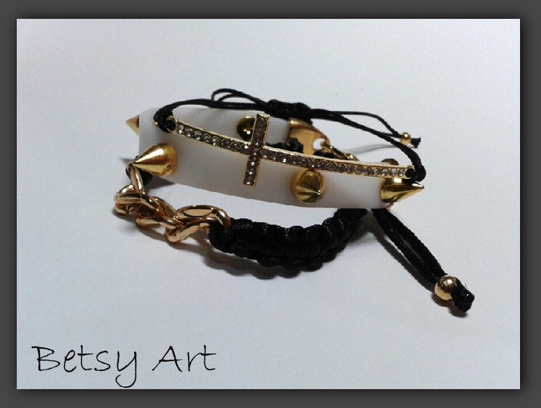 Studded Bracelet-Sideways Rhinestone Cross-Three Piece Bracelet Set