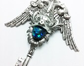 Peng Winged Koi key pendant Aged silver plated brass filigree Fantasy mythology inspired jewelry - Vintage victorian steampunk gothic style