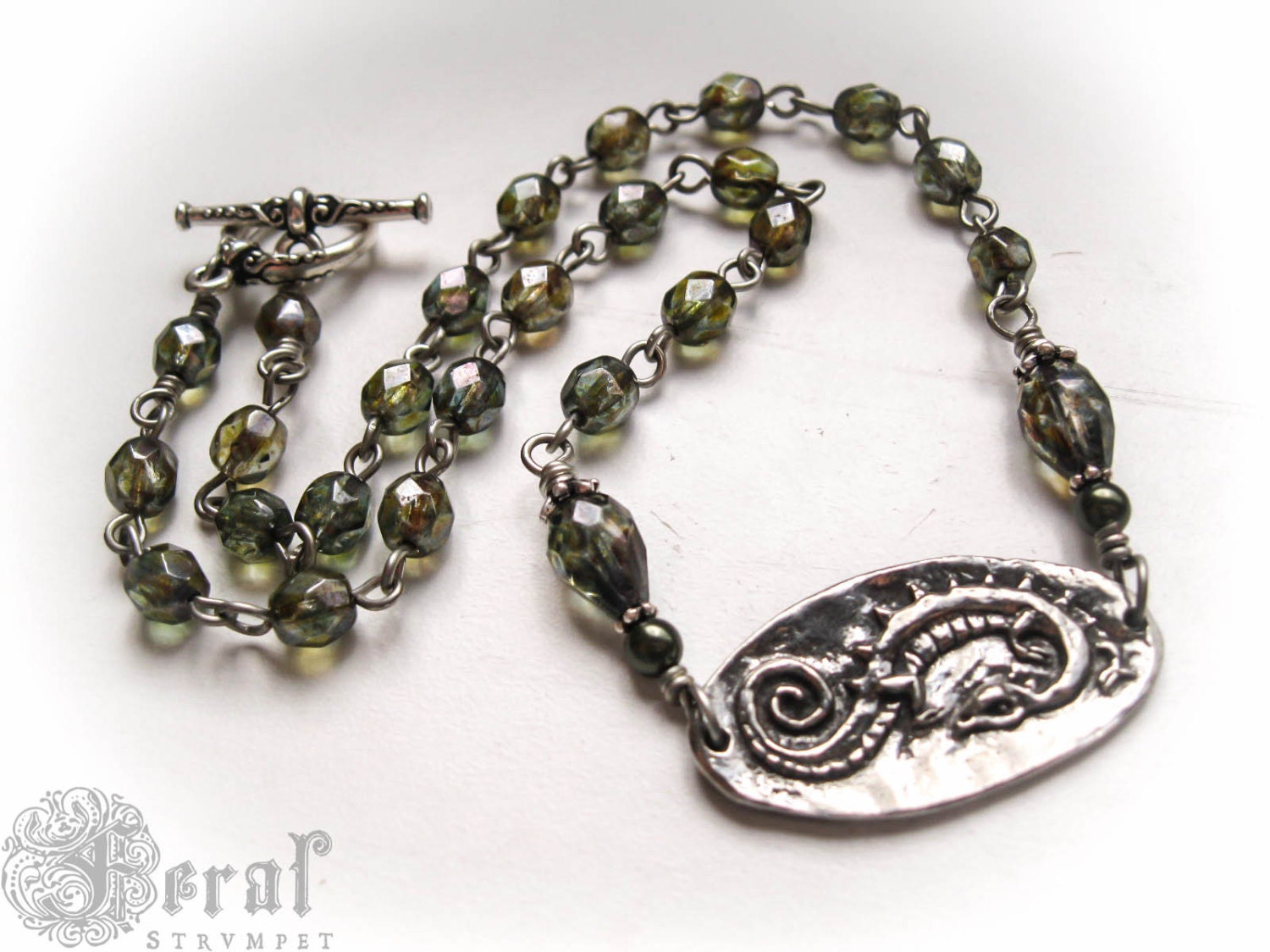 Celtic Dragon Choker Necklace in Moss and Lichen Green. Pagan Wicca Daemon Necklace. Beltane