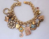 Antique Charm Bracelet, Repurposed Victorian Watch Fob Locket, Enamel Button, Gold Filled, Heart, Rhinestones, Assemblage OOAK Jewelry