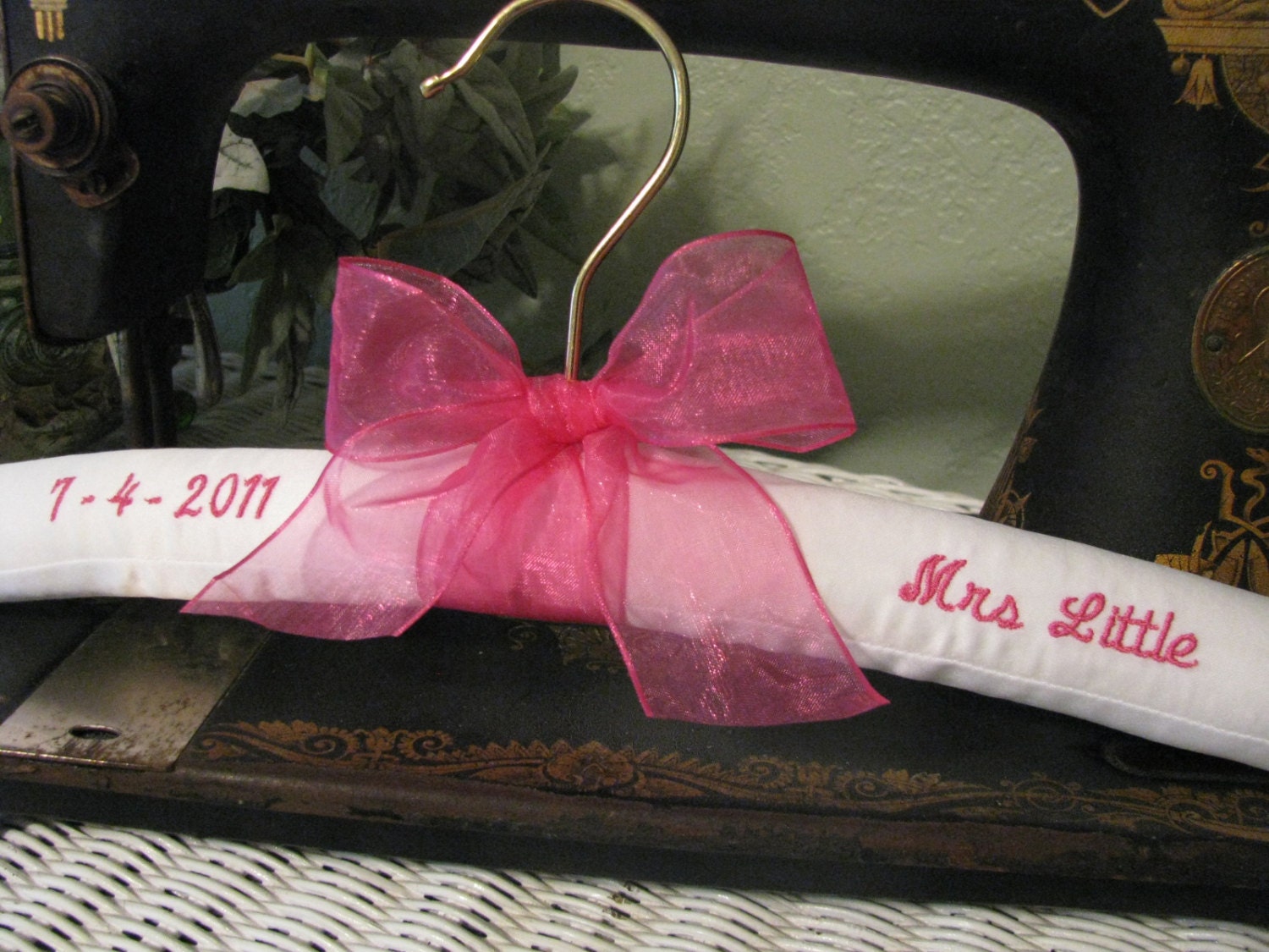 Hot Pink organza bow on White or Ivory Satin Monogrammed Hanger