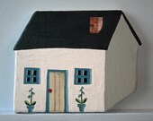 Periwinkle Cottage Original Painting Canvas Covered Wood Block Acrylic on Gessoed Canvas 6'' x 4.75'' Folk Art Little Tiny House White Blue