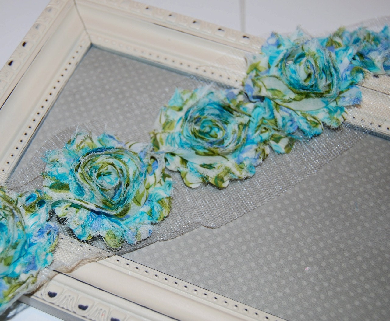 Shabby Rose Trim - Shabby Flowers Blue Floral - 1/2 yard Chiffon flowers - Rosette Flower Trim Shabby Chic Vintage Fabric Flowers