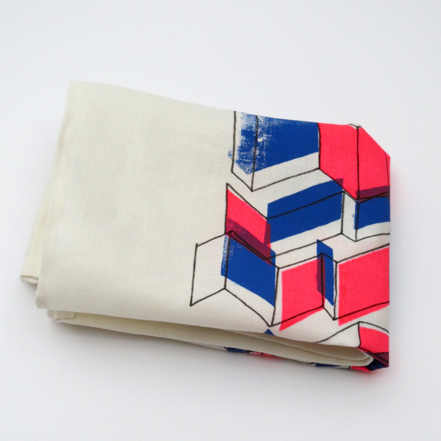 Tea Towel / Dish Cloth - original silkscreen print - white, neon pink, blue print  with blue ink - white 100% linen - UK seller