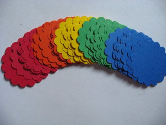 50 Scalloped round circle paper punches die cuts   for tags  cupcake toppers   primary red blue orange yellow green  2 inch