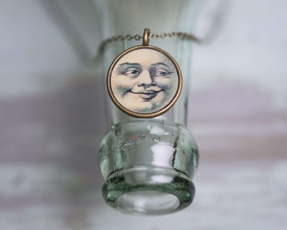 Man in the Moon Necklace - Vintage Illustration - Glossy Resin Charm
