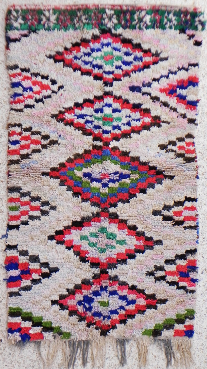 RAG  RUG BOUCHEROUITE from Morocco called also boucharouette berber tribal art, moroccan rag rug