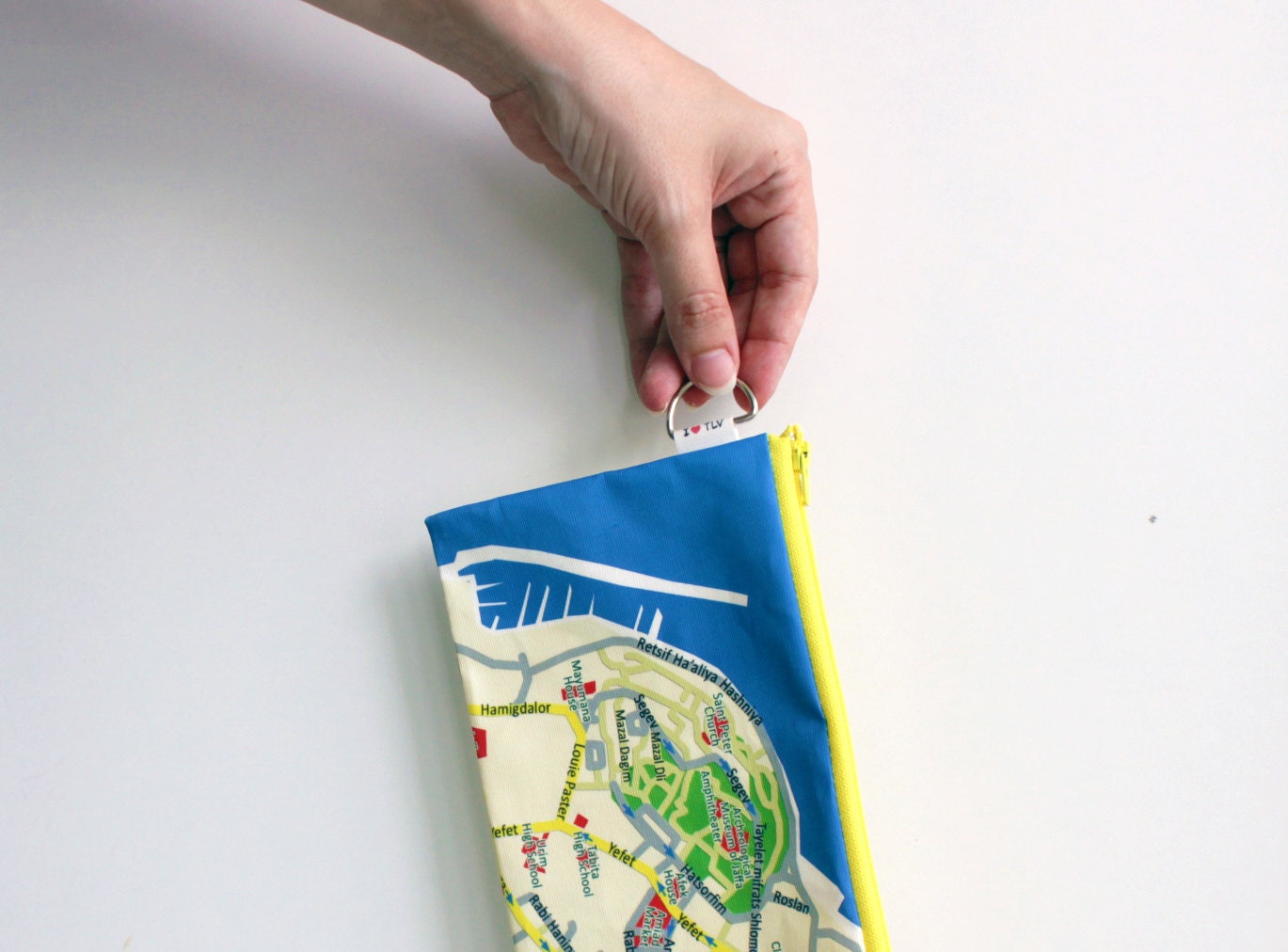 Travel case yellow zipper pouch clutch with TEL AVIV - JAFFA map on it for travellers gift for him for her for teens