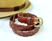 Vintage Mens Belt Brown Basket Weave Leather Sz 34-36