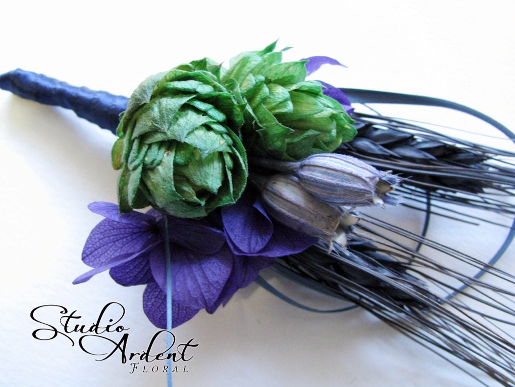 BLUE GRASS BREW - Hops and Wheat Boutonniere with Purple Hydrangea qty 1