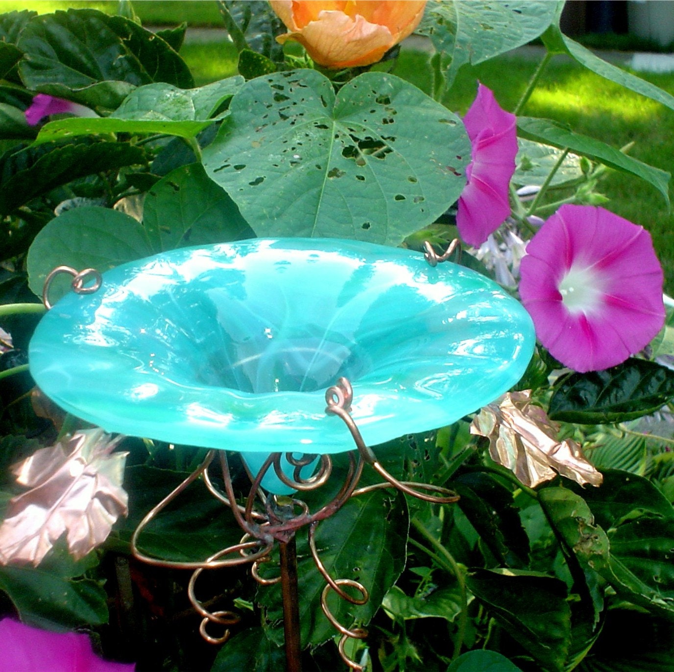 OFFICE Garden Gift, stained glass BUTTERFLY FEEDER,  Aqua, copper, garden stake