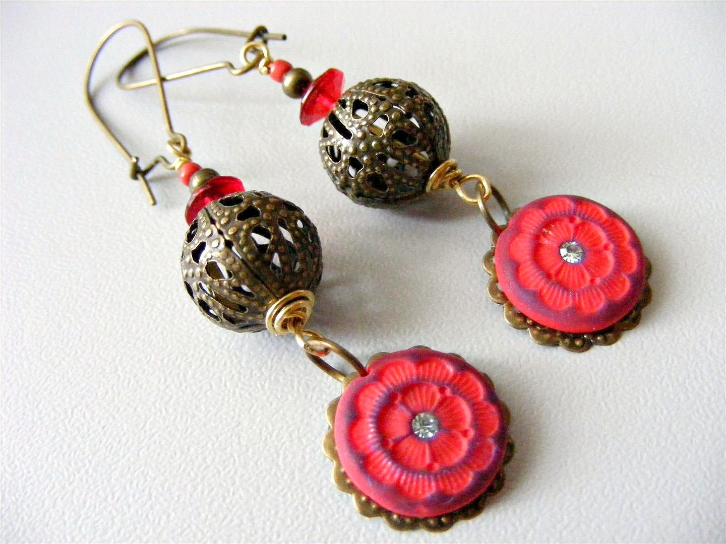 Red antique earrings, polymer clay flower, dangle earrings, drop earrings, boho vintage style, upcycled recycled eco, bronze hoop filigree