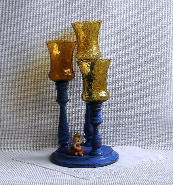 Upcycle Wooden Candelabra - Cottage Chic Candleholder with Amber Glass Domes - Boho Table Centerpiece - Shabby and Chic home Decor