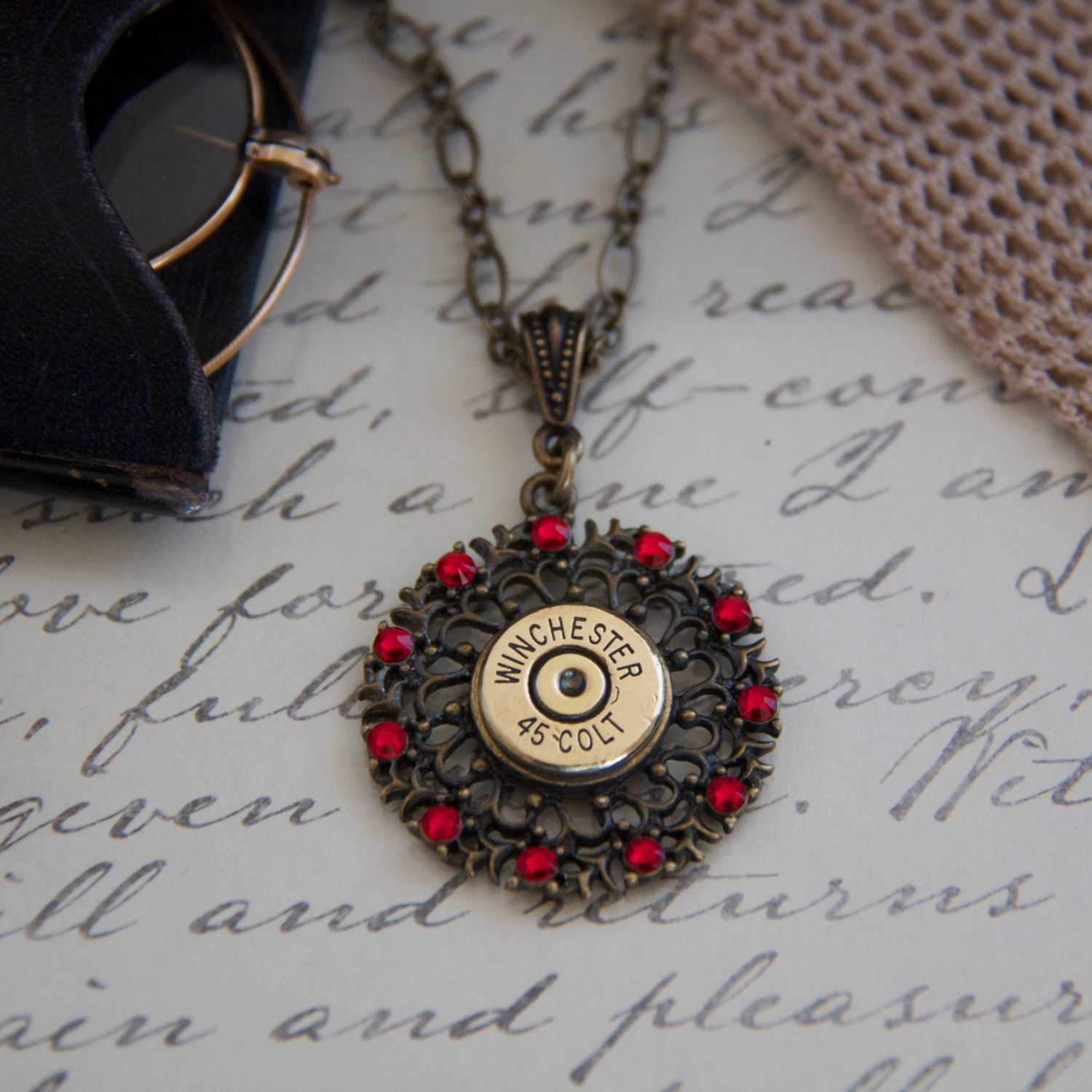 Bullet Jewelry-Winchester 45 Colt- Swarovski Pendant-Spent Casings- Brass Ammo-Caliber Jewelry