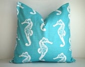 SET Of TWO- 18x18 Designer Pillow In Seahorse Coastal Blue - Front And Back