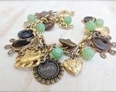 Vintage and Handmade Charm Bracelet - Antique Gold, Black, Metal and Mint Green Charm Bracelet - Button Jewelry - Handmade Jewelry - Gifts