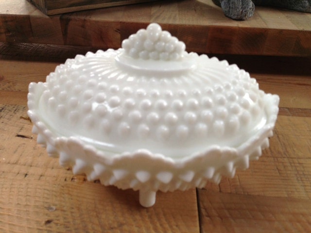 Footed Hobnail Milk glass covered dish