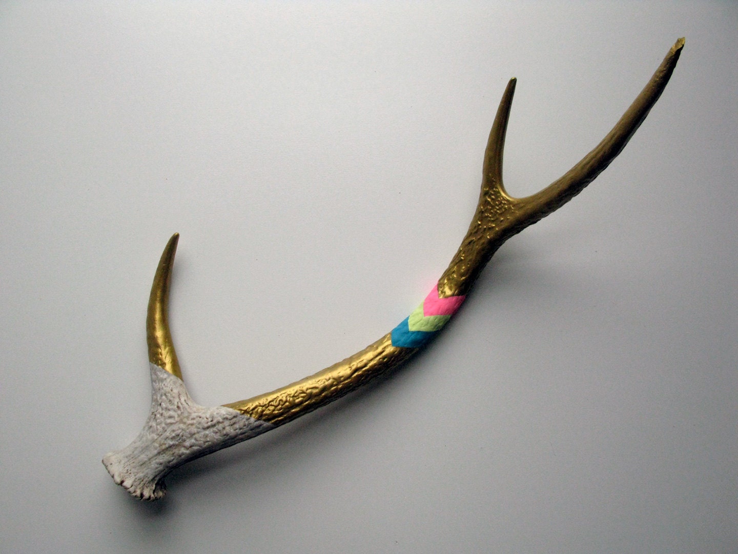 Gold, Pink, Lemonade & Turquoise Chevron Painted Sika Antler - Large