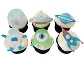 CAKE TOPPERS - 12 Edible Alien Cake Toppers - Birthday Cake, Kids Cakes, Baby Shower, Decorations