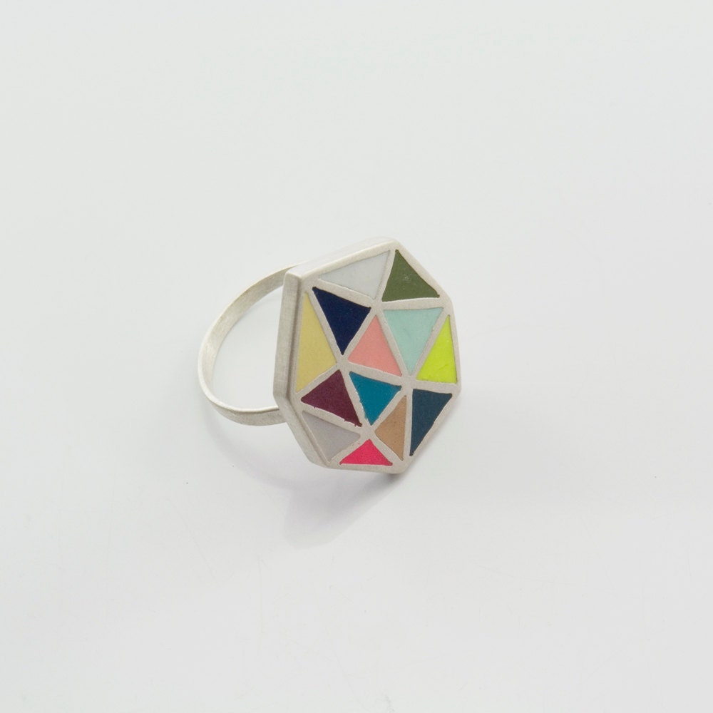 POLIEDRA multicolor sterling silver and polymer clay ring