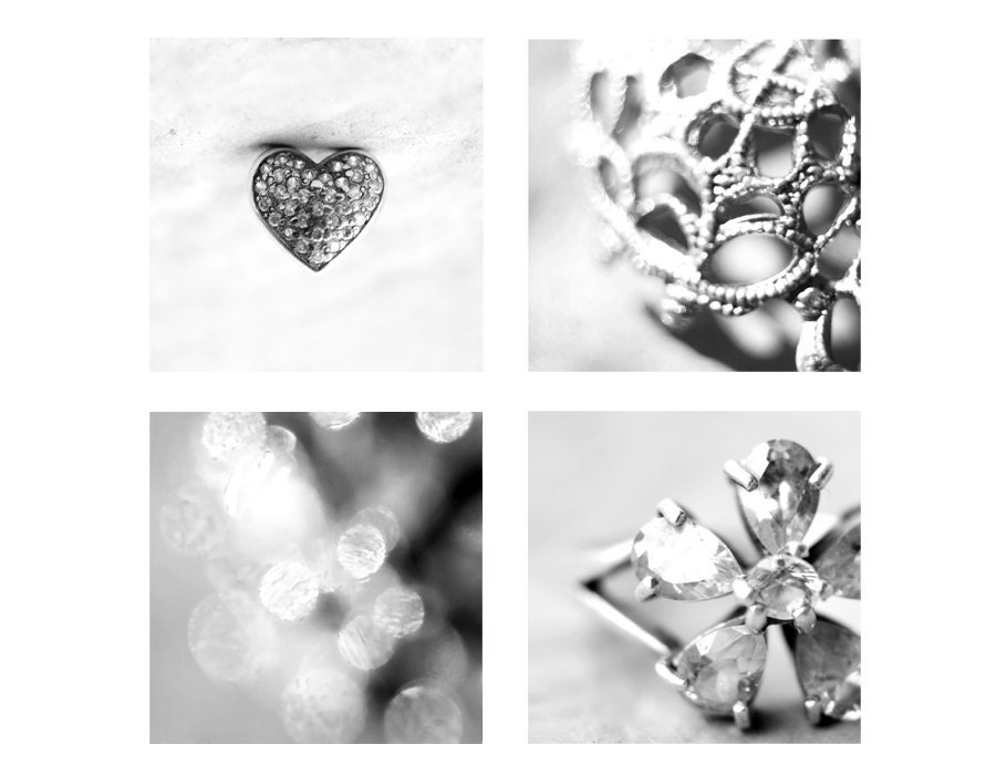 Silver sparkles Jewelry macro photography Set of 4 photos 5x5" Neutral decor White grey Luxury