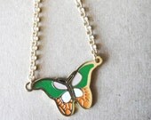 Vintage Green, Orange & White Enamel Butterfly Necklace