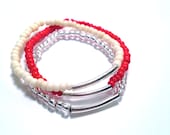 Colorblock Stackable Bracelets in Red, Cream and Silver Flecked Lucite