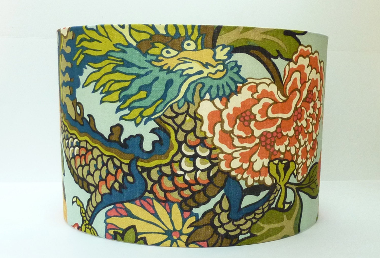 Medium Drum Lampshade Lamp Shade in Schumacher Chiang Mai Dragon - Aquamarine
