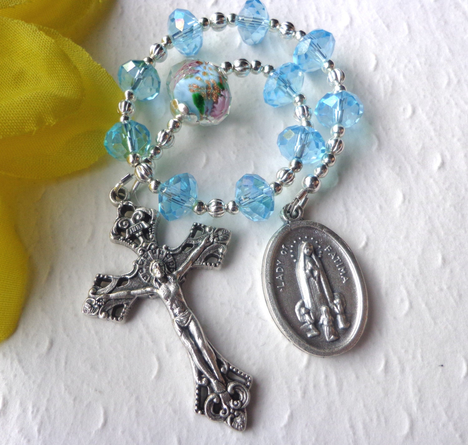 Our Lady of Fatima Rosary - Beryl & Swarovski Crystal Rosary - Our Lady of Fatima Pocket Rosary