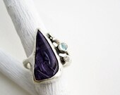 OOAK Raw Charoite Diamond Apatite Silver Twig Ring, Size 7.5