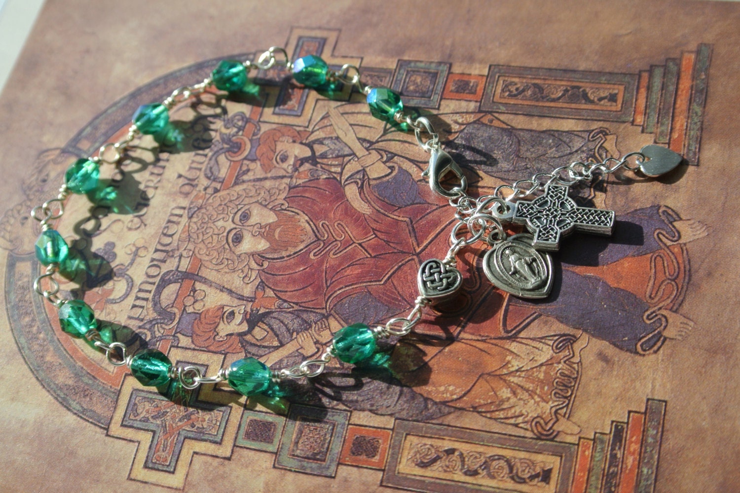 Irish Celtic Rosary Bracelet with Light Emerald Green Beads