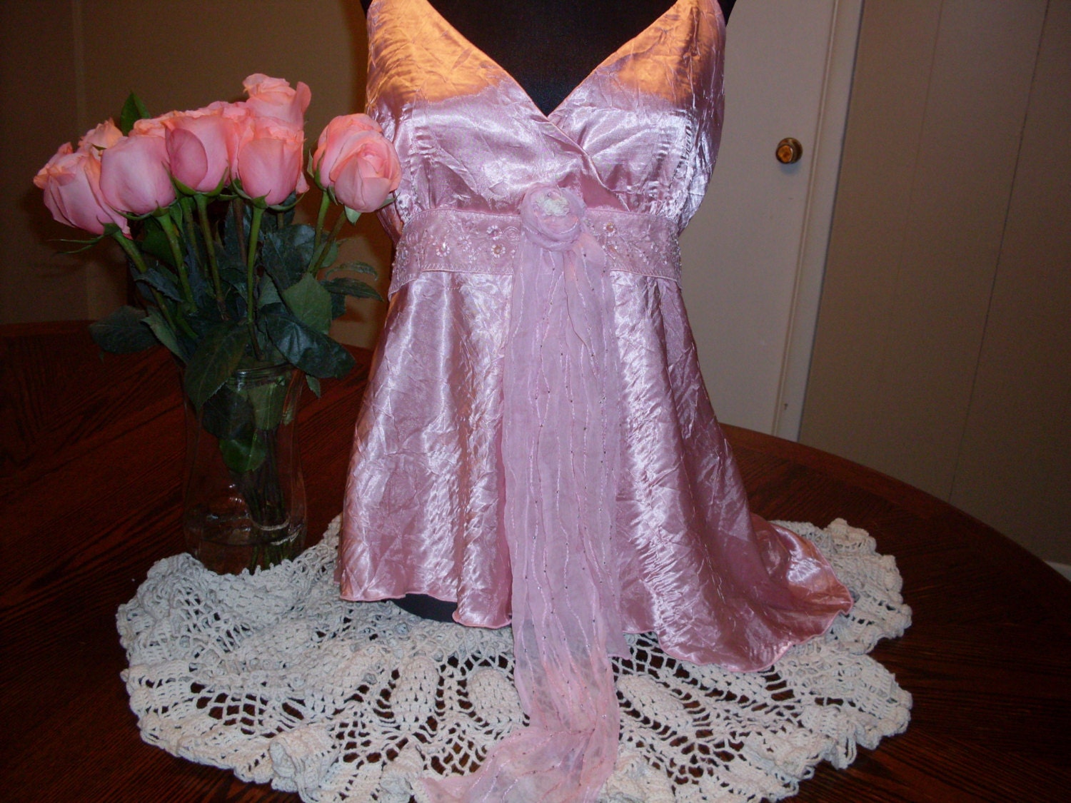 Gypsy boho Shabby chic pink satin lace