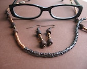 Handmade Eyeglass Holder/Necklace with Matching Earrings, Wood, Chandelier Glass Beads, Gold Seed Beads, Antique Brass and Gold, 24 Inches