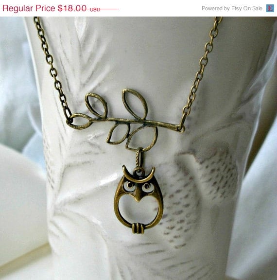 SALE Owl necklace- Leaf necklace- Owl and leaf necklace- Owl on a branch- Nature- Fashion- Trendy owl necklace-