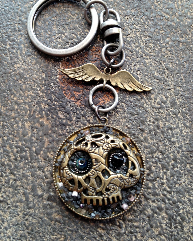 Keychain,Skull and Wings, Leather and Metal,Steampunk Rocker Style