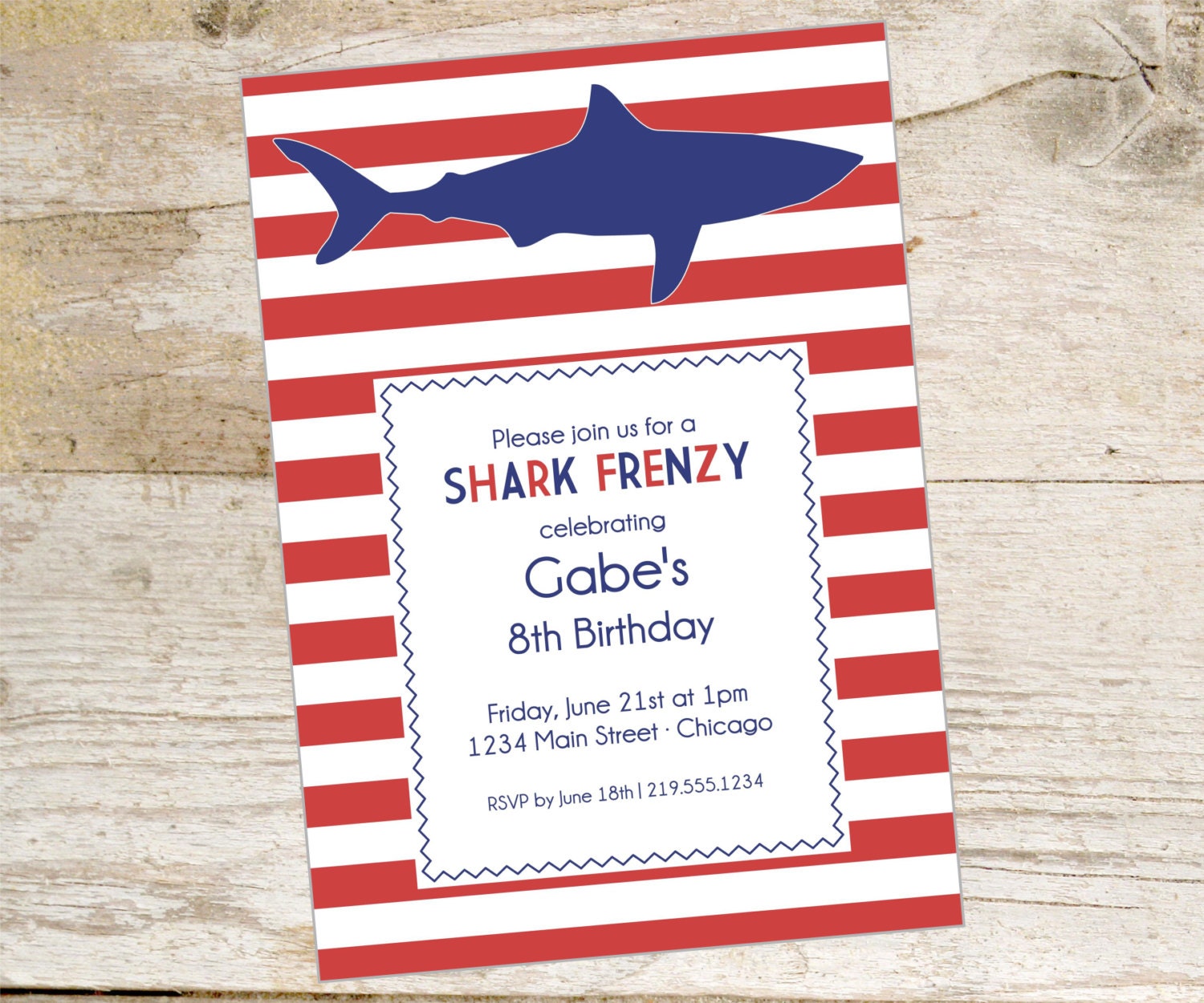 DIY Printable SHARK Red Cabana stripe invite invitations