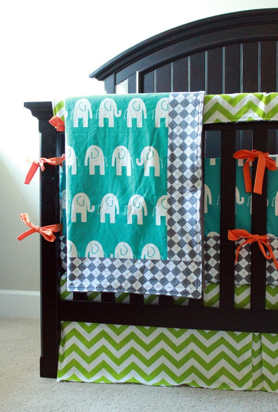 Custom baby bedding - Turquoise Elephant, Grey Argle, Green Chevron