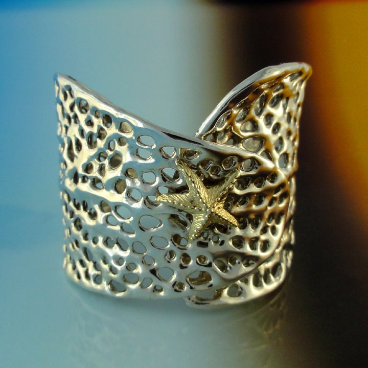 Fan Coral and Starfish Cuff in 14k and Sterling Silver - Made-To-Order