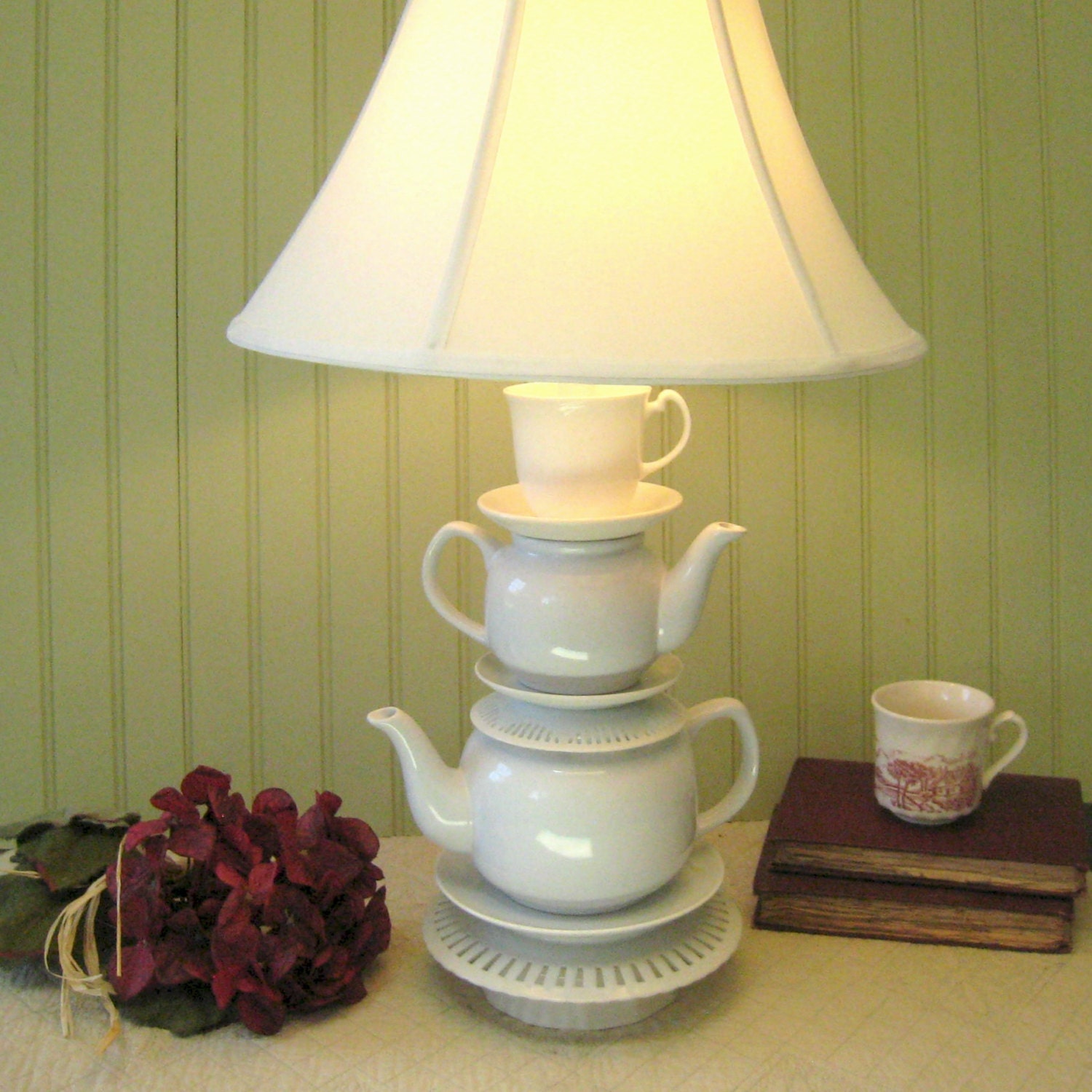 Teapot Lamp, White Teapots, Tea Cup and Reticulated Saucers,  Alice in Wonderland Shabby Chic Country Beach Cottage "Alison" series