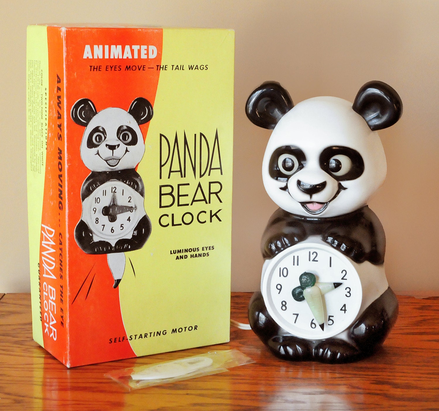 clock, Kit Cat Panda Bear,animated,1960s, Kit Cat, original box, moving eyes and tail, glow in the dark eyes and hands,Allied Manufacturing