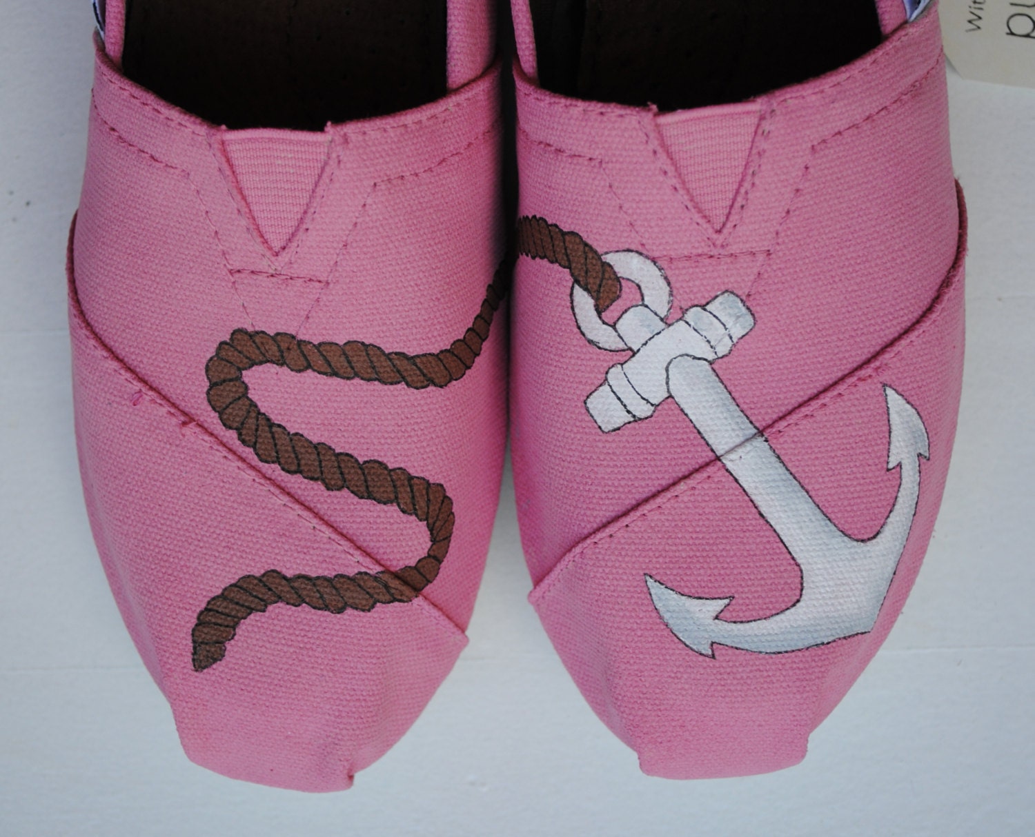 Womens Custom Hand Painted TOMS Anchor Design shoes on Pink Canvas