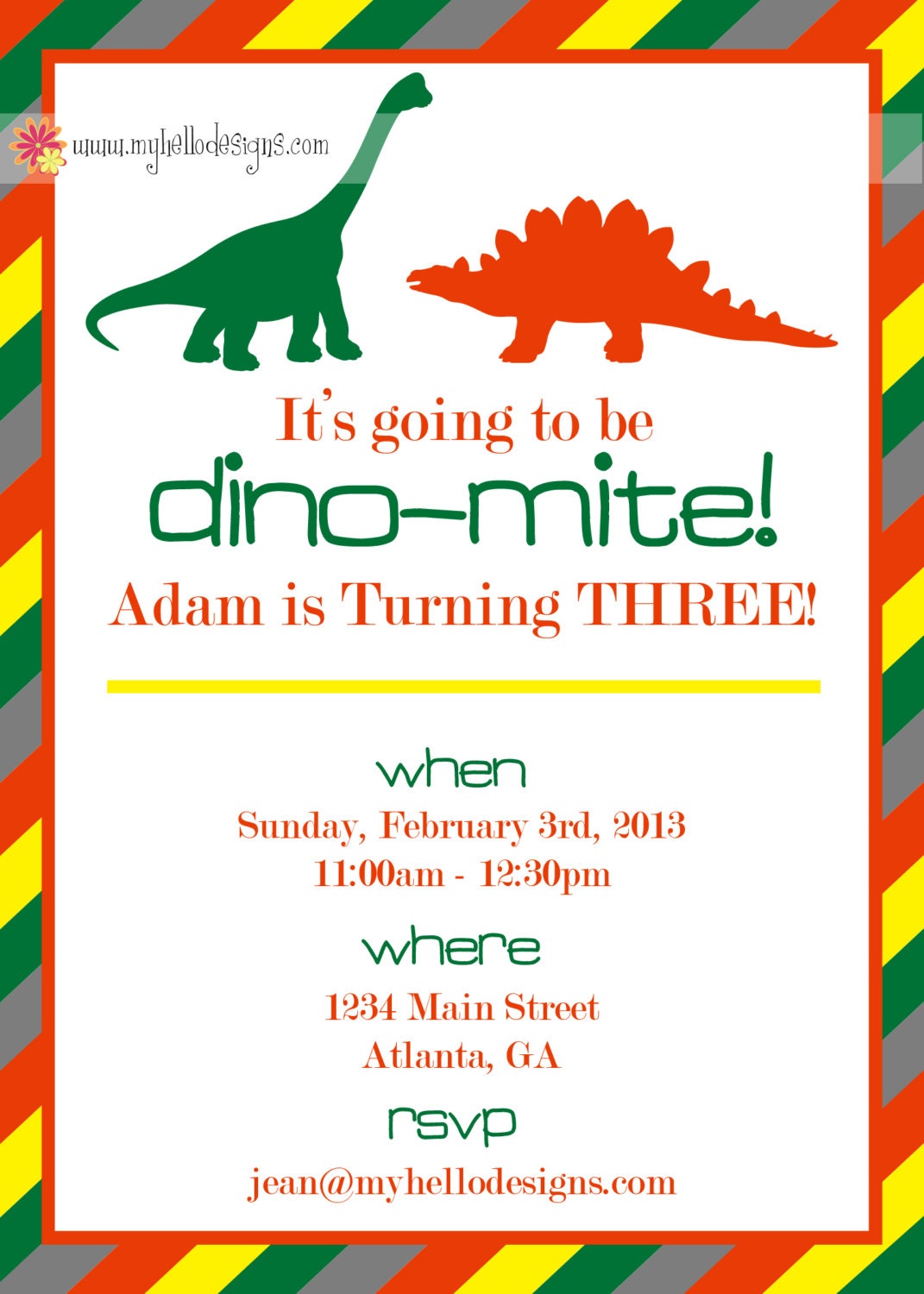 Striped Dinosaur Birthday Invitation