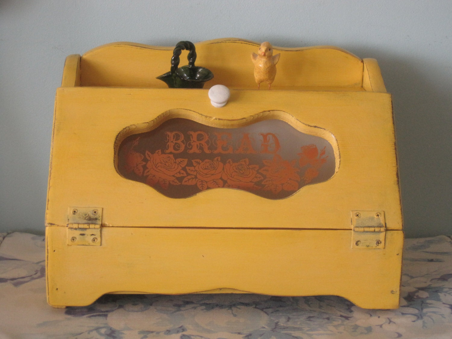 Shabby Rustic Vintage Wood Bread Box Upped in Golden Yellow & Distressed
