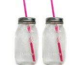 Two Large Mason Jar Tumblers - To-Go Canning Jar Travel Cups - Pink Straws - Eco Friendly Gift